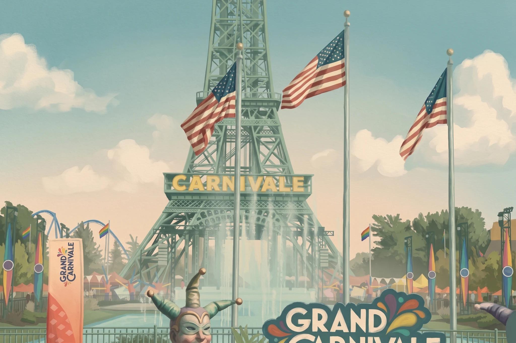 Eiffel Tower replica and fountains