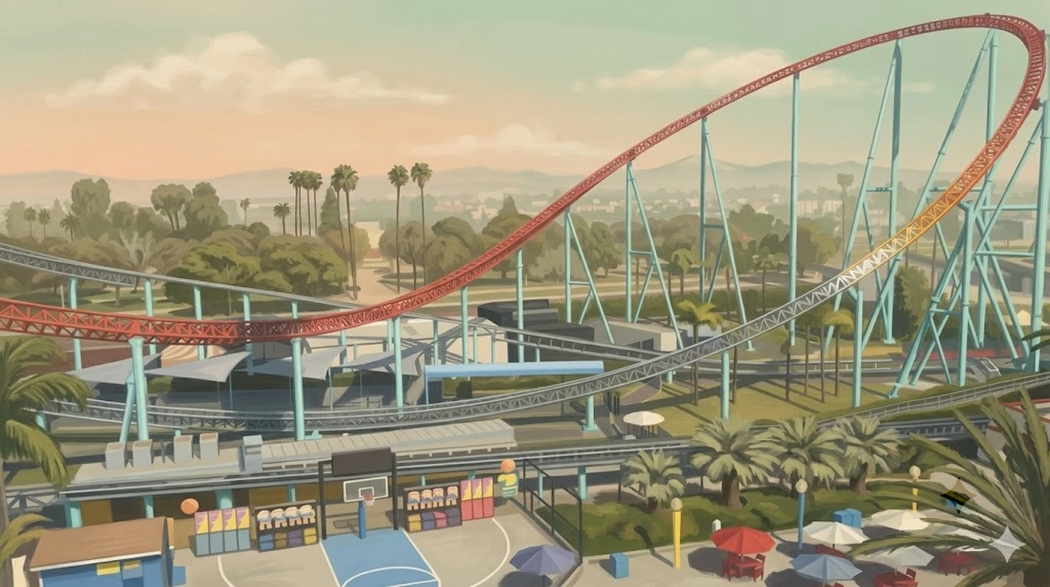 Xcelerator hydraulic-launch coaster, red track over teal supports sweeping over the park with the top hat and Knott's branding visible