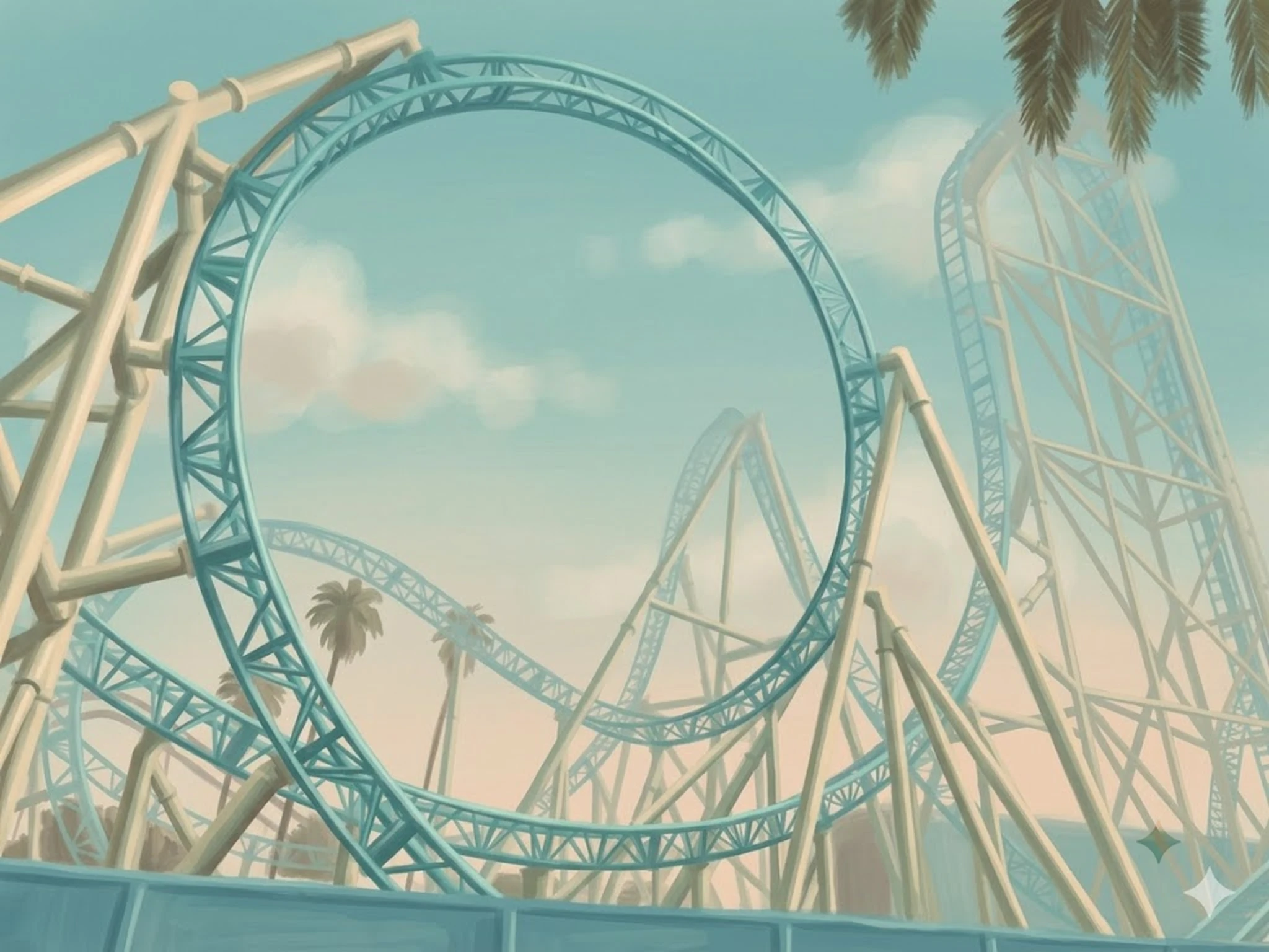 HangTime dive coaster, teal track with its circular element and tan supports against a clear blue sky