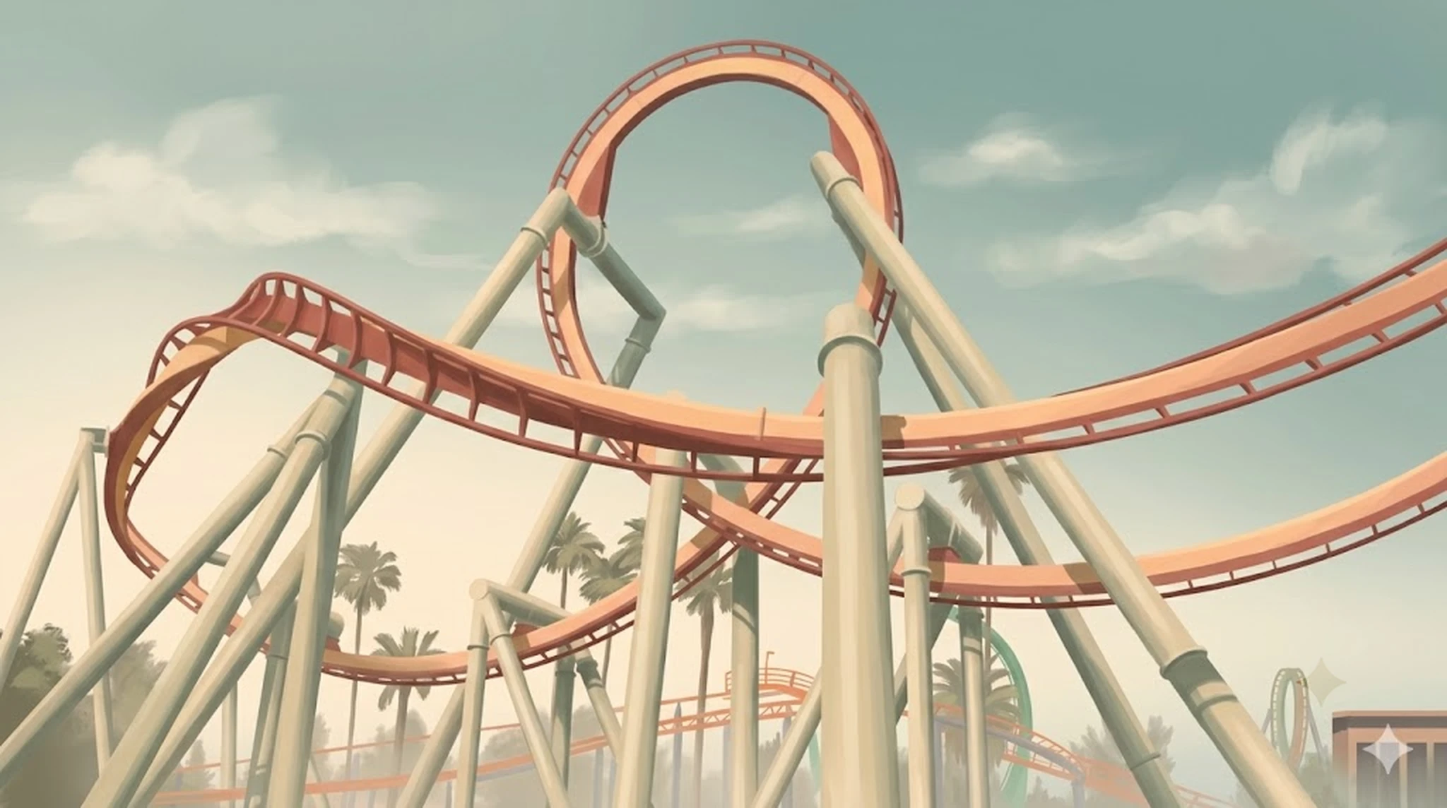 Silver Bullet B&M inverted coaster, red-and-yellow track loops and corkscrews against blue sky with palm trees