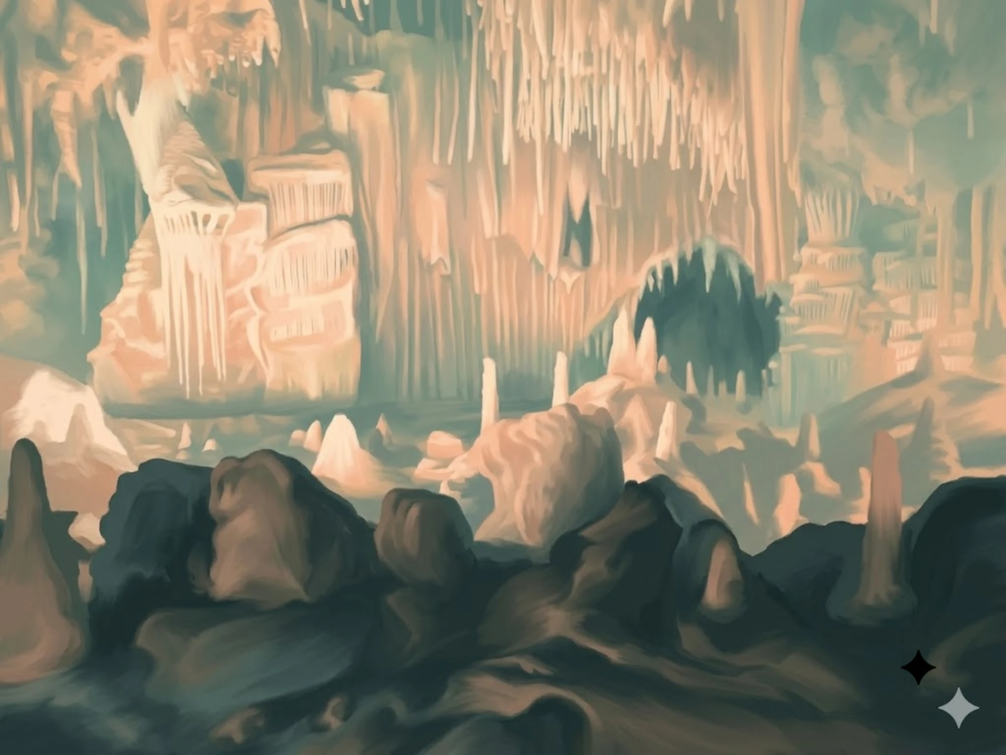 Interior cavern scene of the Calico Mine Ride, illuminated stalactites and rock formations in blue and red light, evoking the underground dark-ride atmosphere