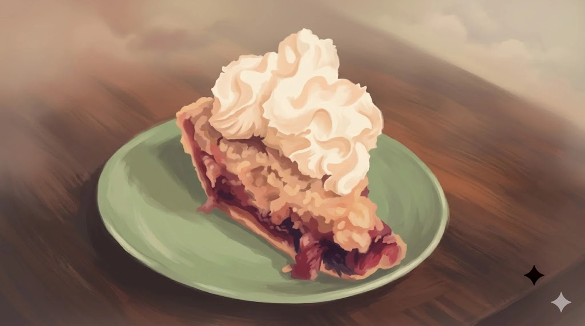 A slice of boysenberry pie topped with whipped cream on a plate