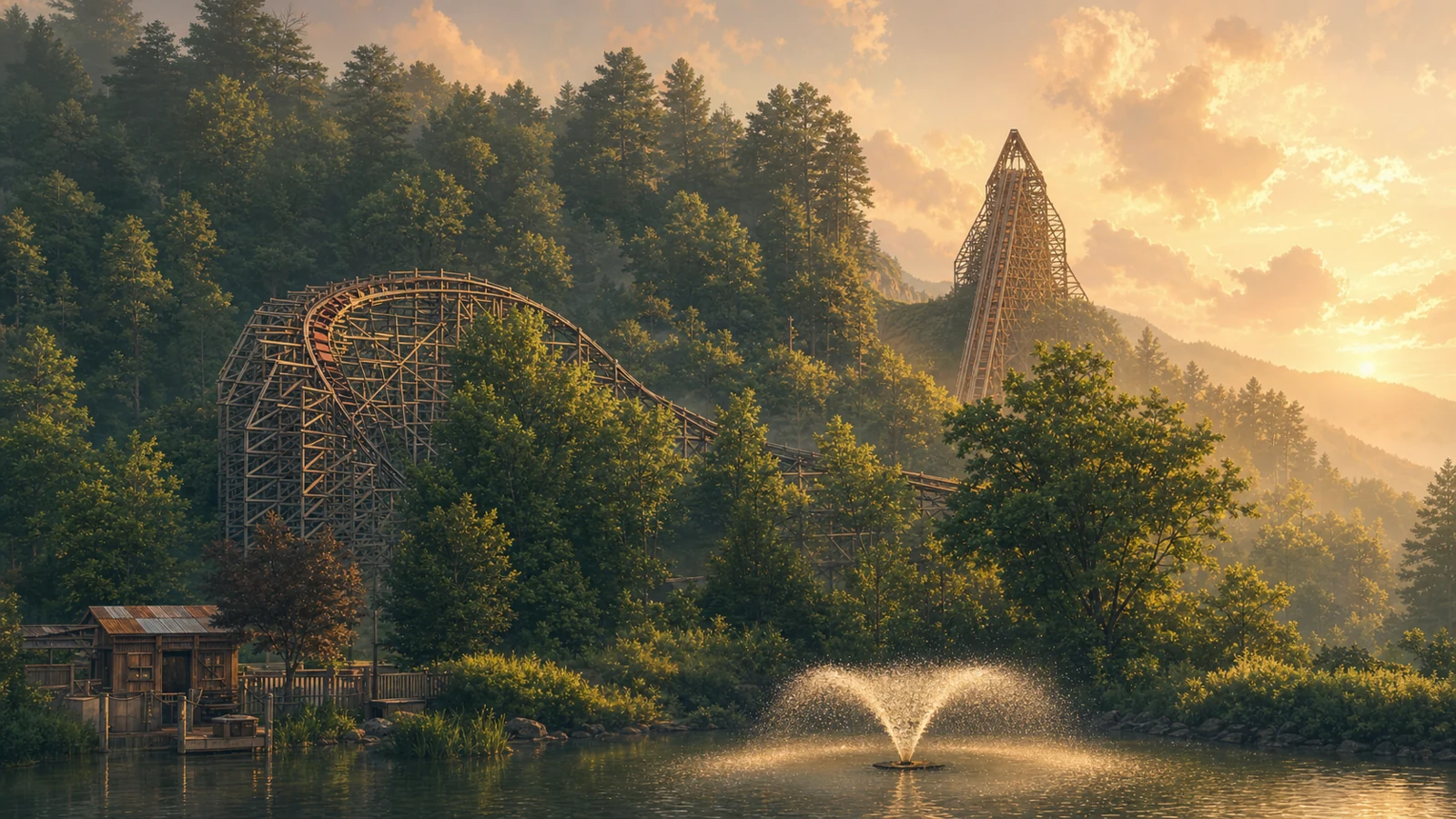 A stylized matte painting of Lightning Rod's wooden structure rising up a forested ridge above a calm lake with a fountain, in warm golden-hour light.