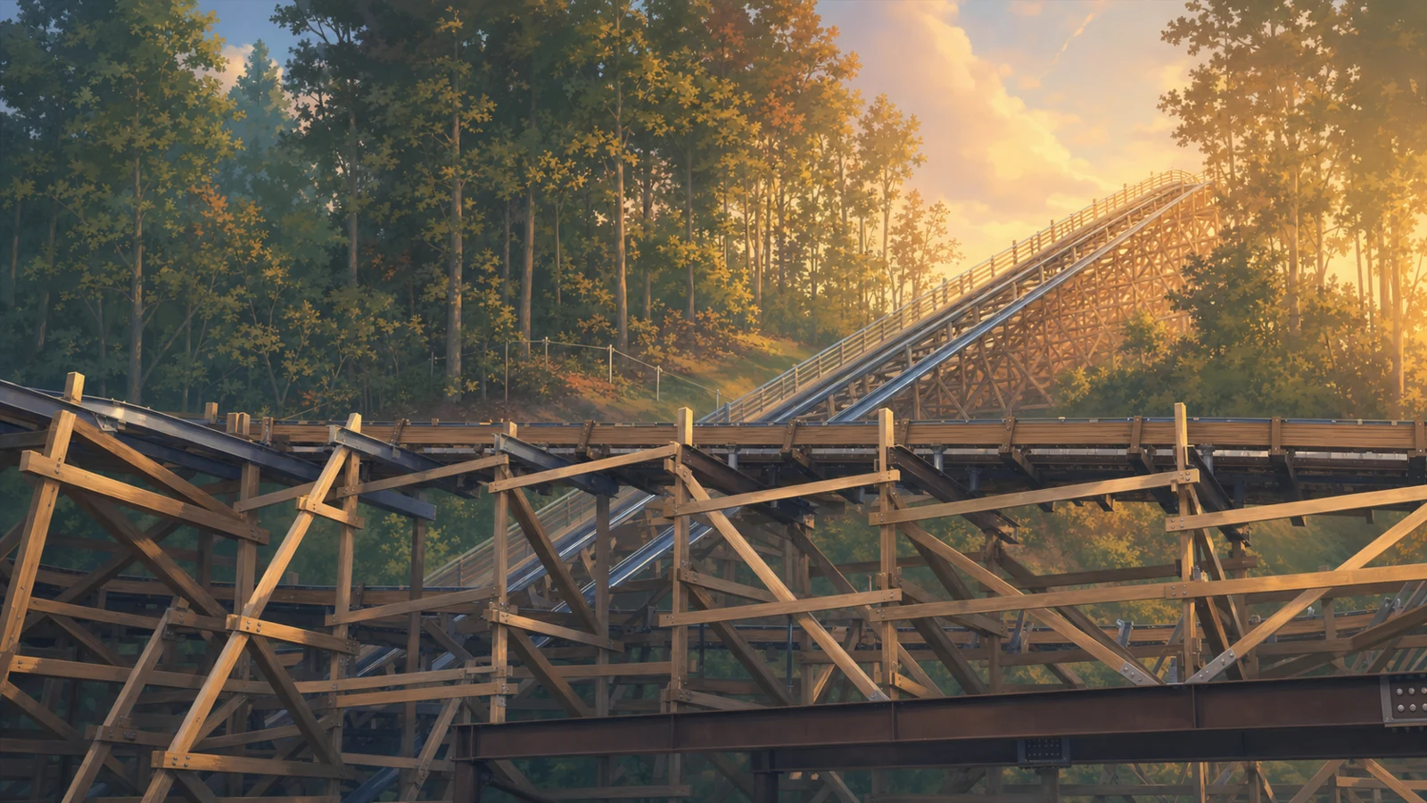 A stylized matte painting across Lightning Rod's dense wooden lattice support framework with the lift hill running up the wooded hillside behind it.