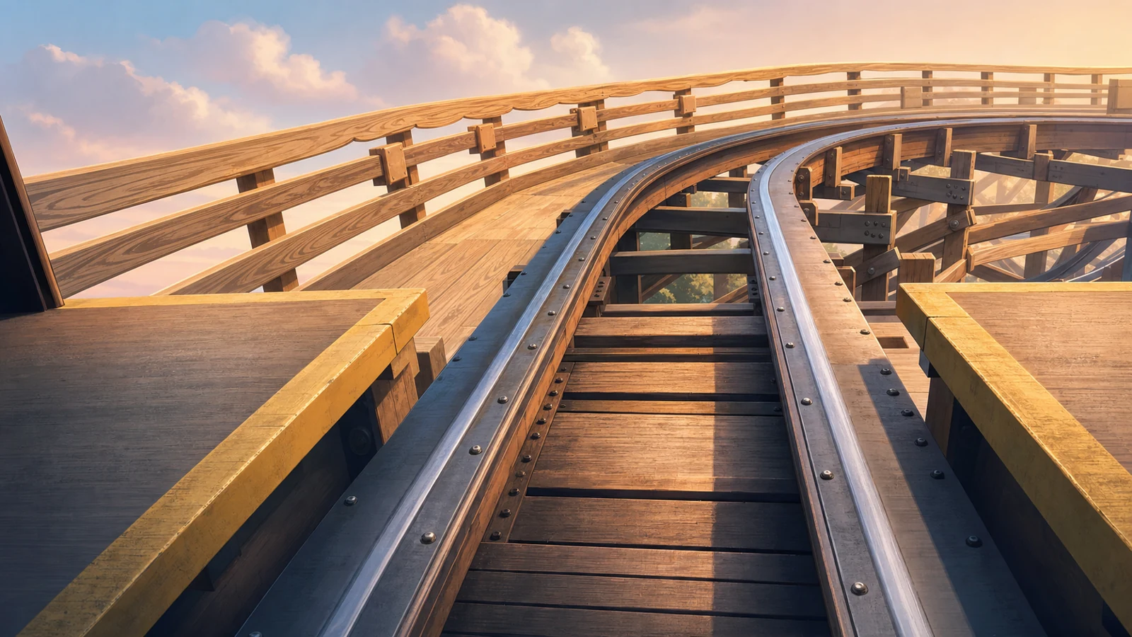 A stylized matte painting looking up Lightning Rod's lift, showing the hybrid Topper Track: a wooden lattice underneath with a steel-capped running rail on top.