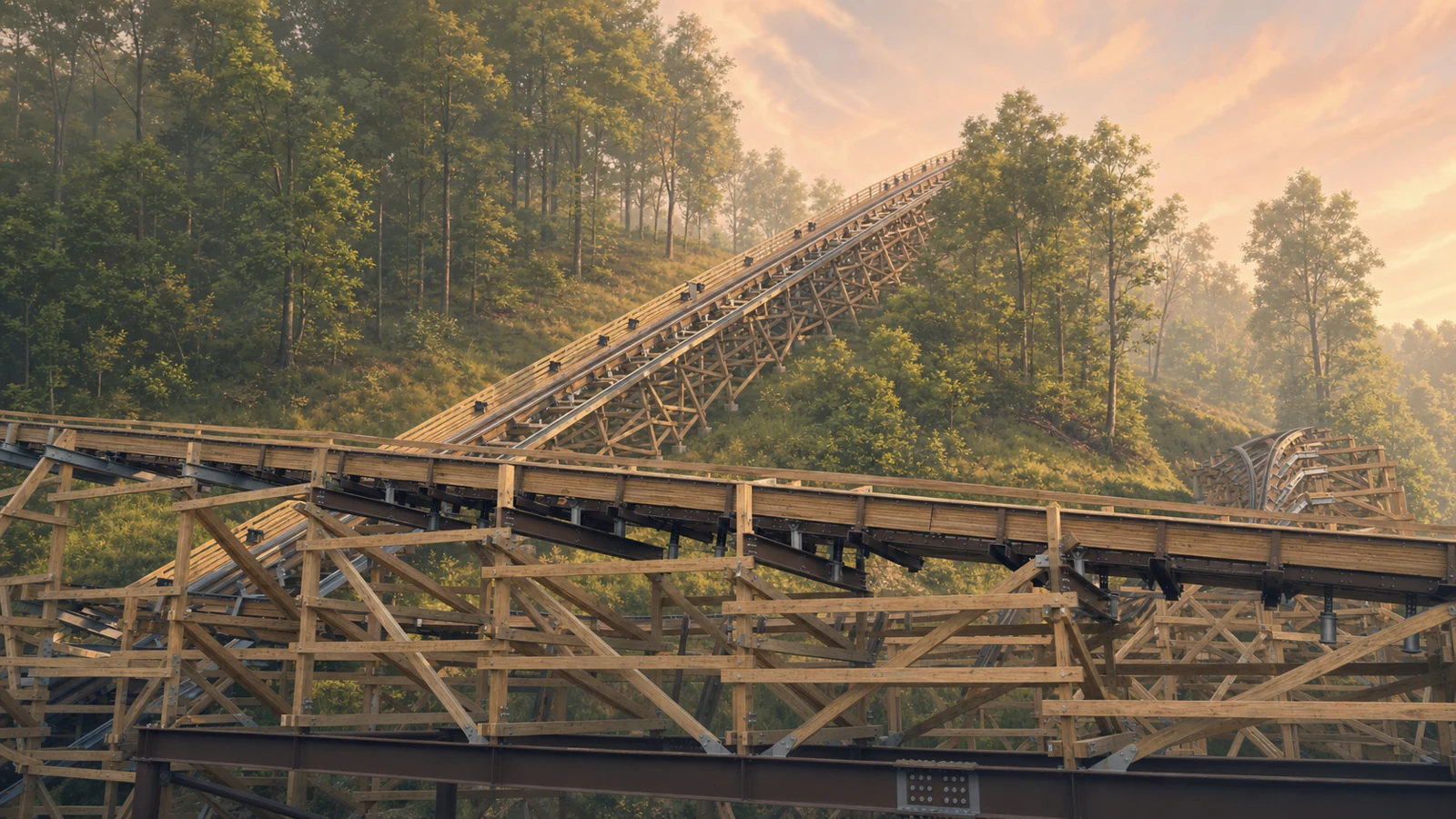 A stylized matte painting of Lightning Rod's track and airtime hills running diagonally across the wooden lattice over a green forested hillside.