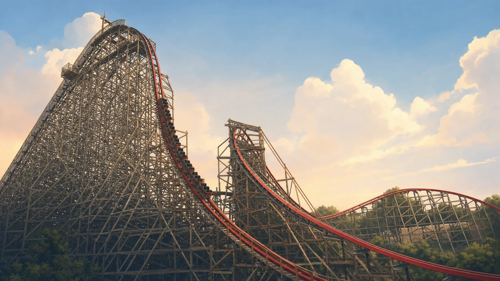 A stylized illustration of the New Texas Giant at Six Flags Over Texas, showing red steel I-Box track running over the original wooden support structure.