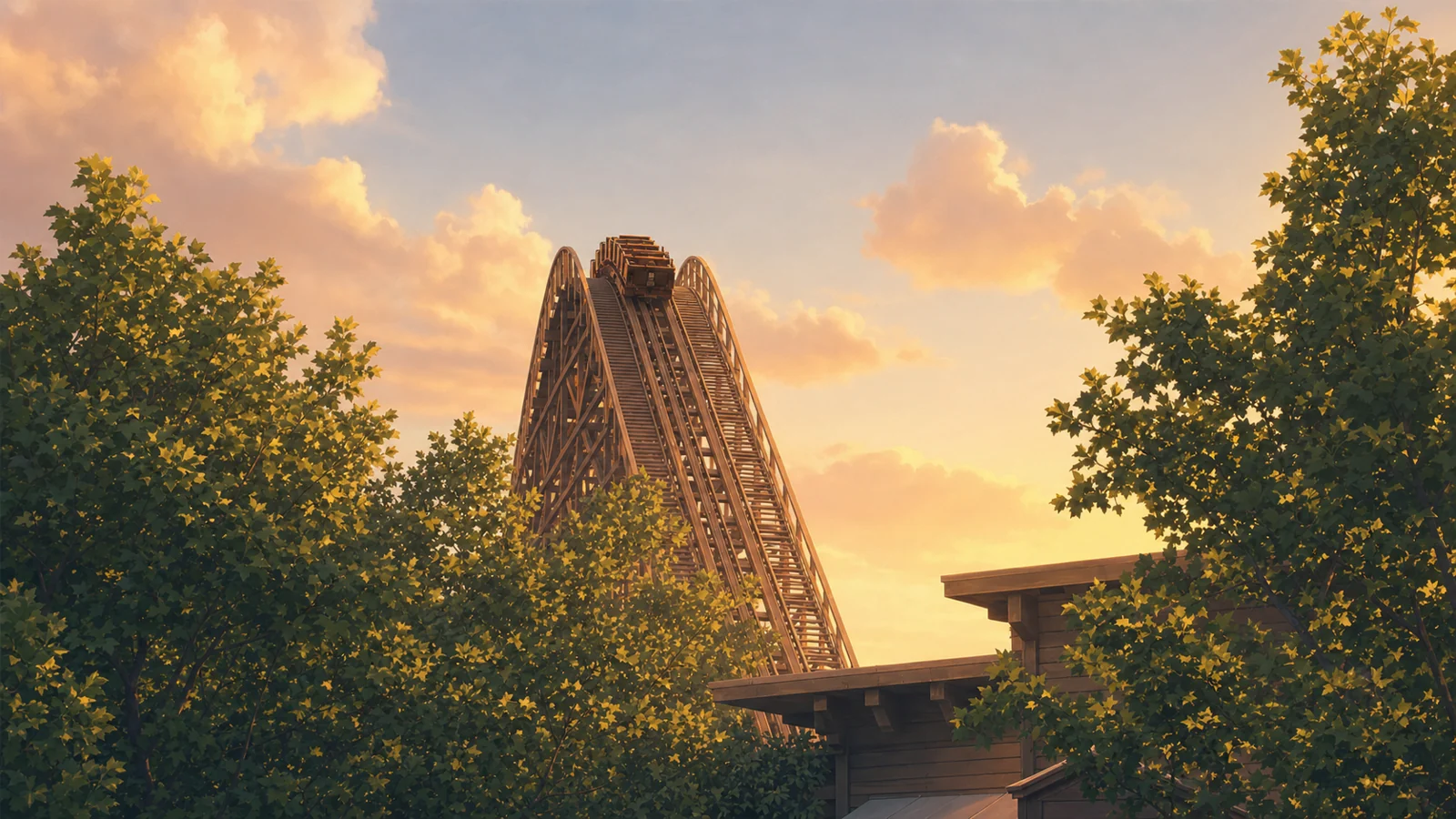 A stylized illustration of Outlaw Run's wooden Topper Track lift hill at Silver Dollar City, climbing into a golden-hour sky.