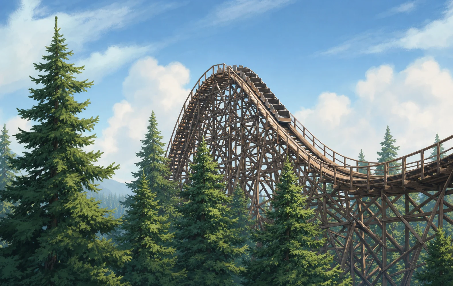 A stylized illustration of the wooden Tremors roller coaster at Silverwood Theme Park in Idaho, cresting its first drop amid evergreen pines.